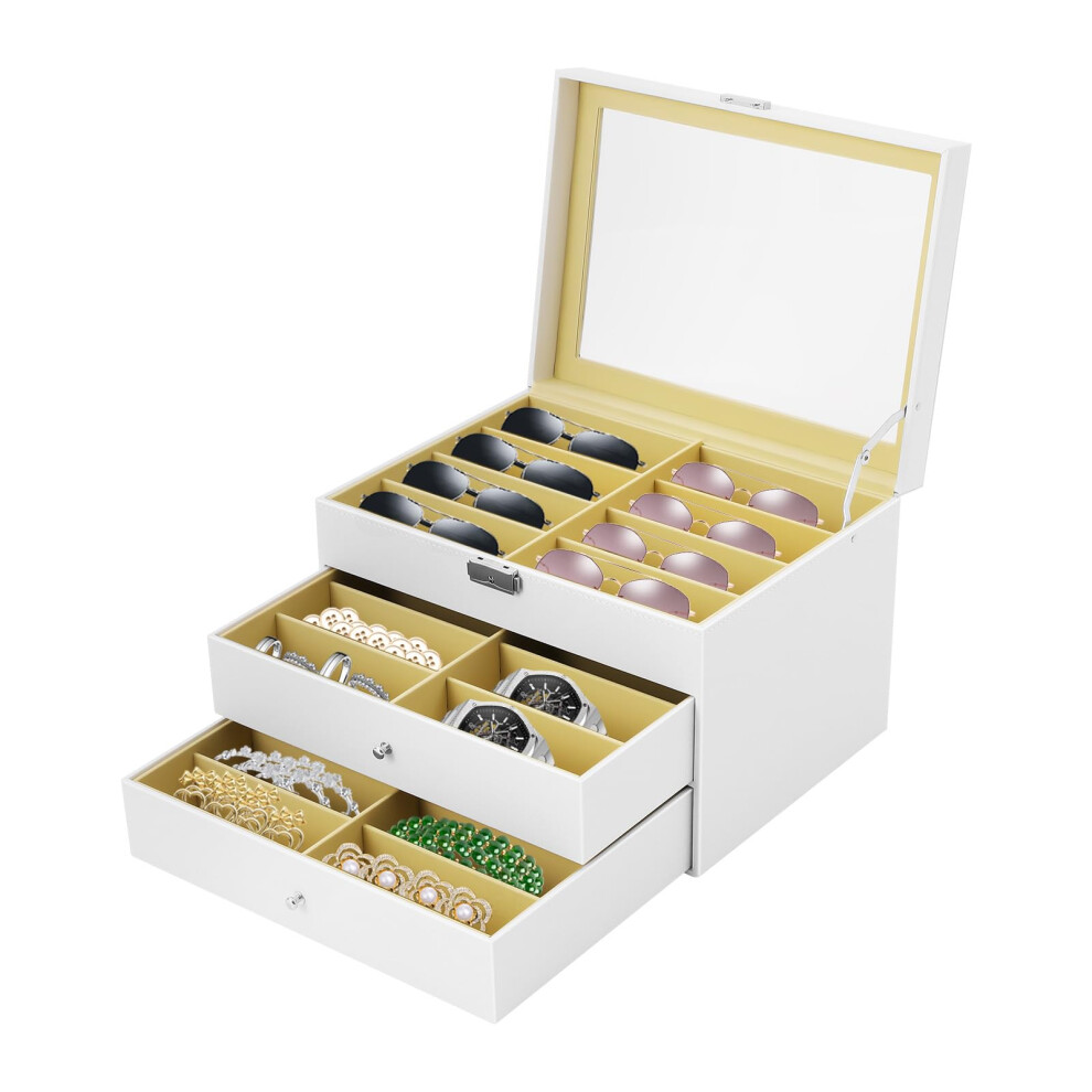 Eyeglasses Display Case 24Compartment Lockable Organizer with Glass Lid and 3Tier Drawers