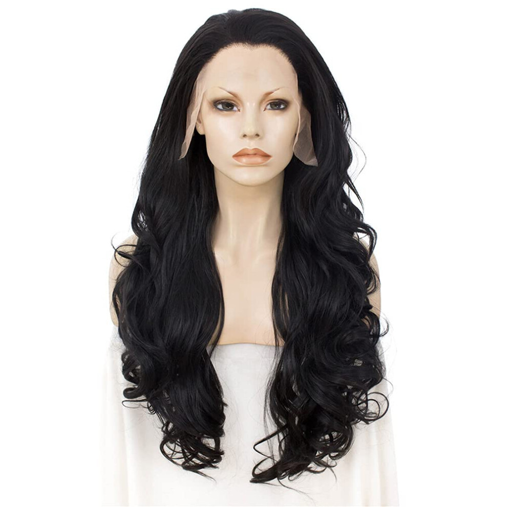 Unisex Black Wavy Lace Front Wig 26 Inches Heat Resistant Synthetic Fiber Natural Texture Cosplay