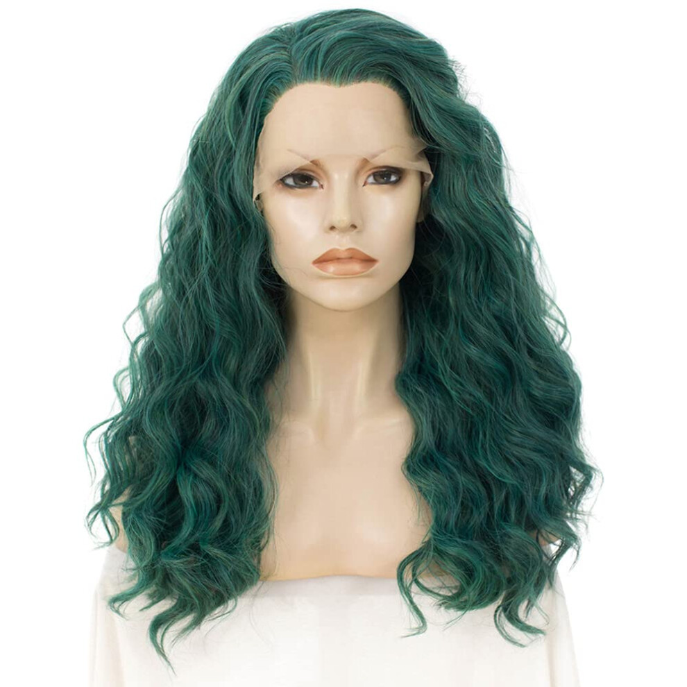24 Inch Green Synthetic Lace Front Wig Heat Resistant Deep Wave Glueless Long Cosplay Hair