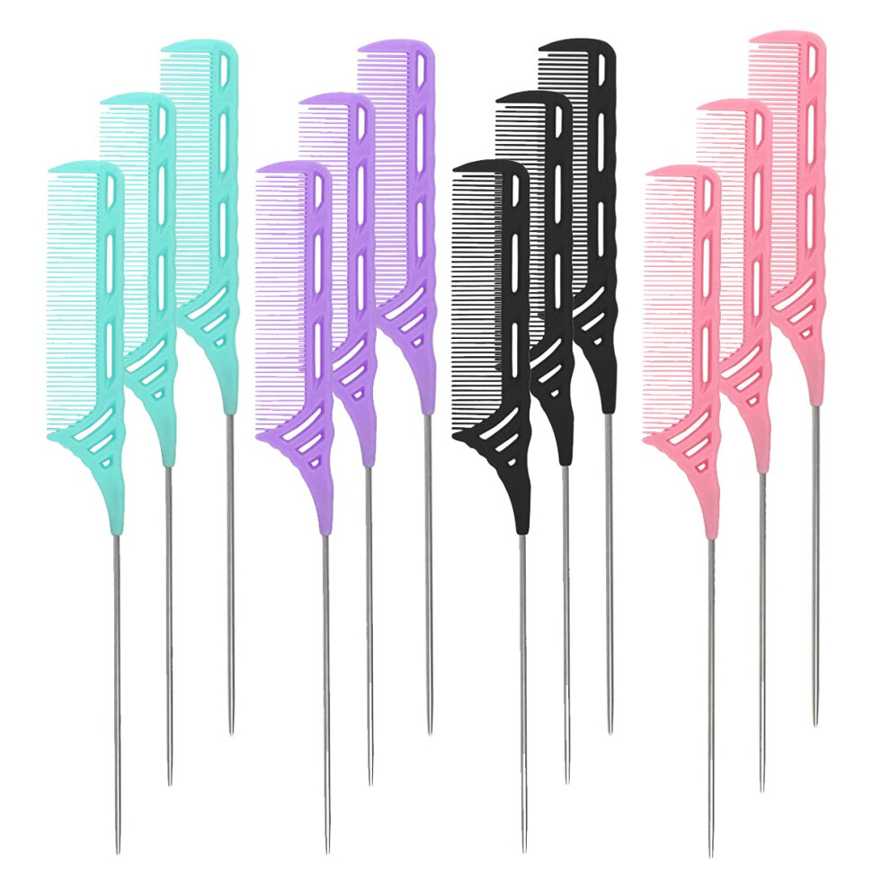 Unisex 12Pcs Steel Pintail Rat Tail Comb Set Heat Resistant Antistatic Precision Hair Sectioning