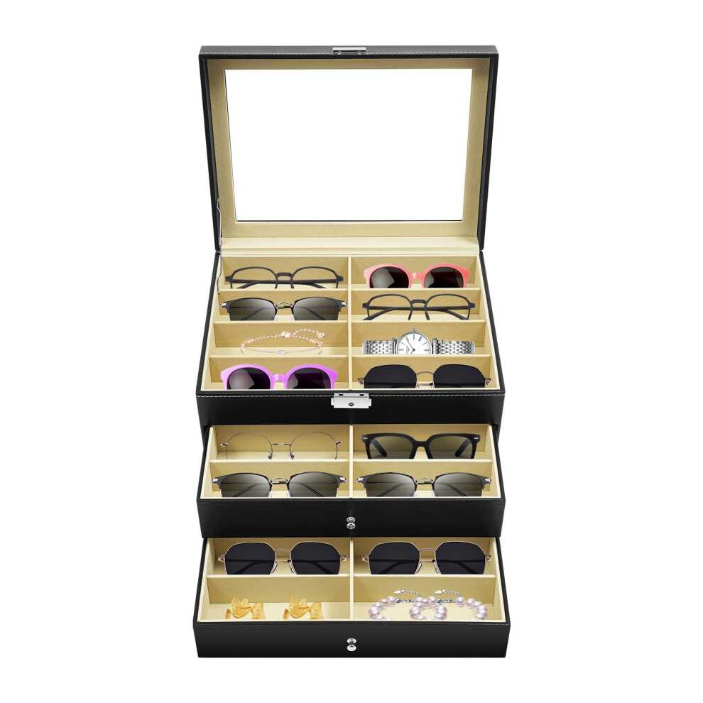 24Slot Sunglasses Organizer Box with Lock, PU Leather Eyeglasses Display Cabinet, Clear Lid