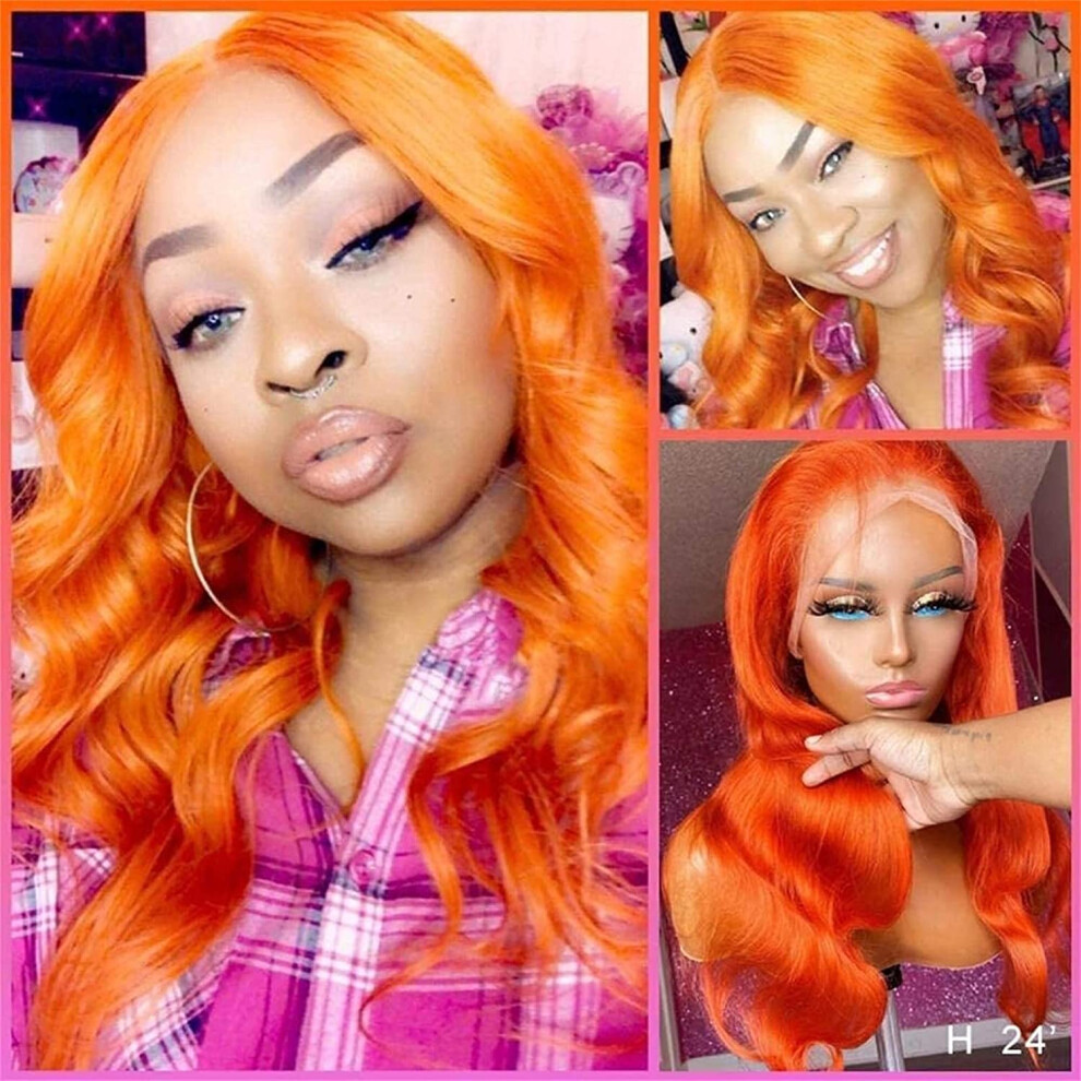 Unisex Orange 22 Inch Ginger Wavy Lace Front Human Hair Wig, Glueless Pre Plucked Brazilian Style