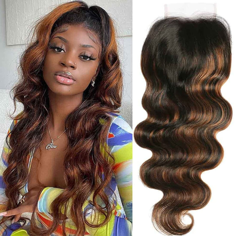 Human Hair Lace Closure 4x4 Malaysian Ombre Body Wave Dark Roots Brown Balayage 18inch