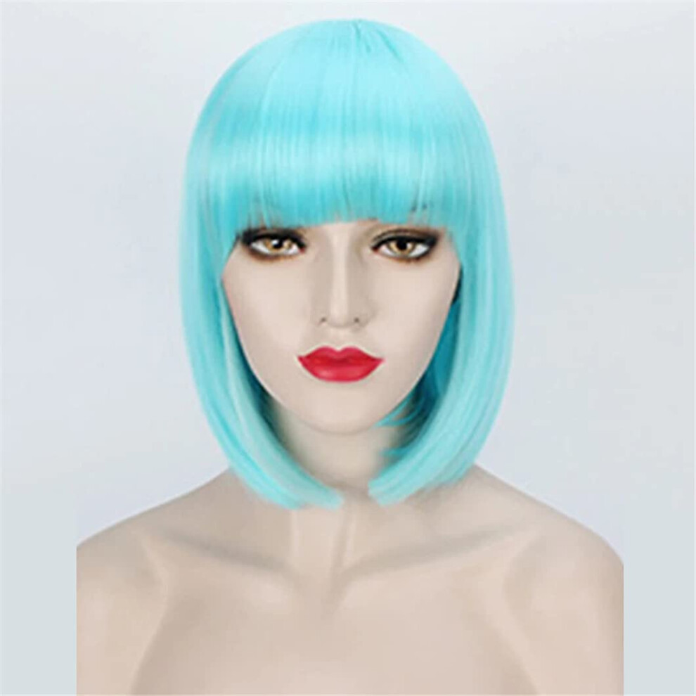 Unisex Blue Bob Wig 14 Inch Heat Resistant Synthetic Hair For Cosplay With Natural Full Appearance