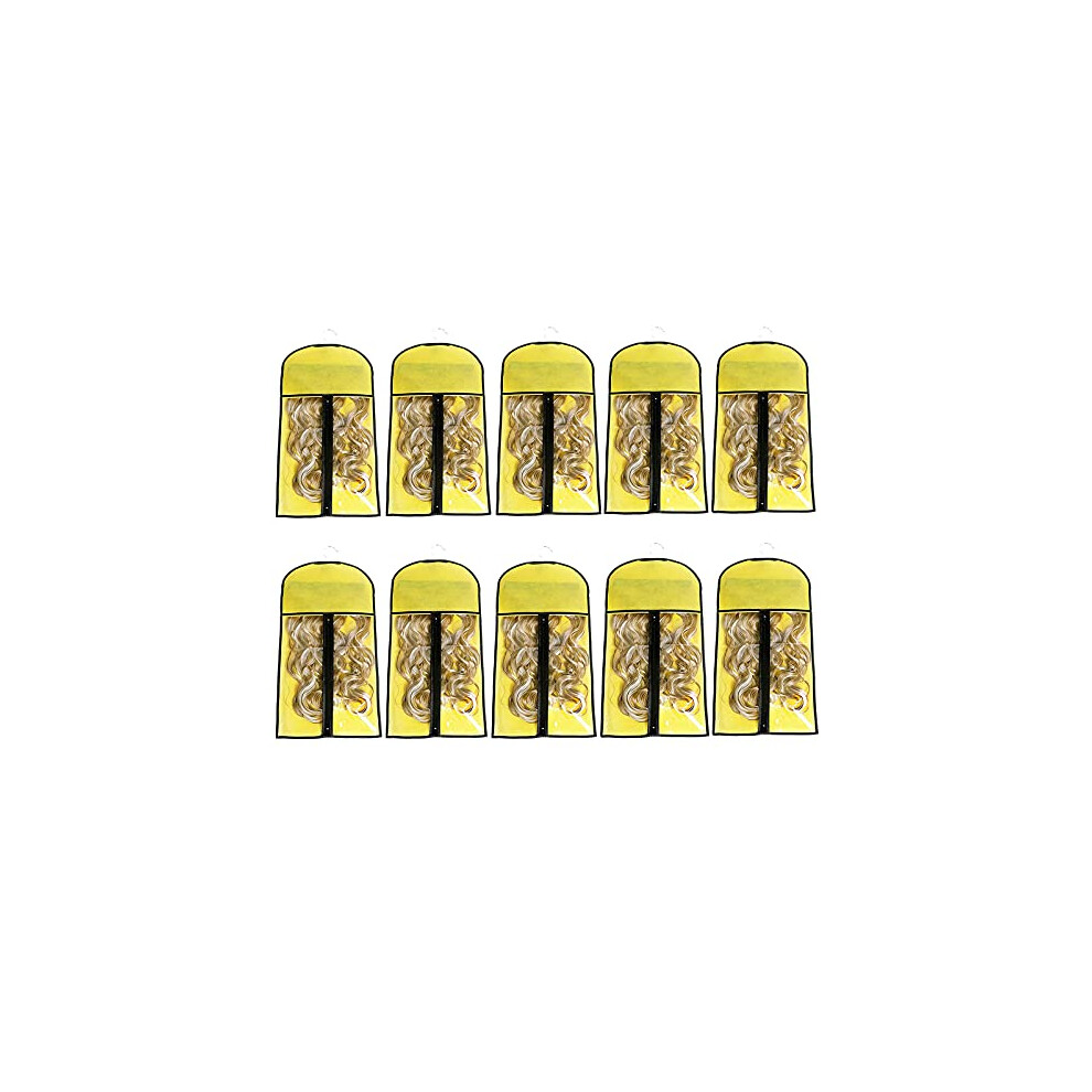 Unisex Yellow 10 Pack Wig And Hair Extension Storage Bags With Wooden Hangers, Dustproof Travel Carrier (Yellow)