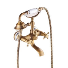 Wall Mounted Antique Brass Bathtub Faucet with Shower Set, Dual Temperature Control, Style 15