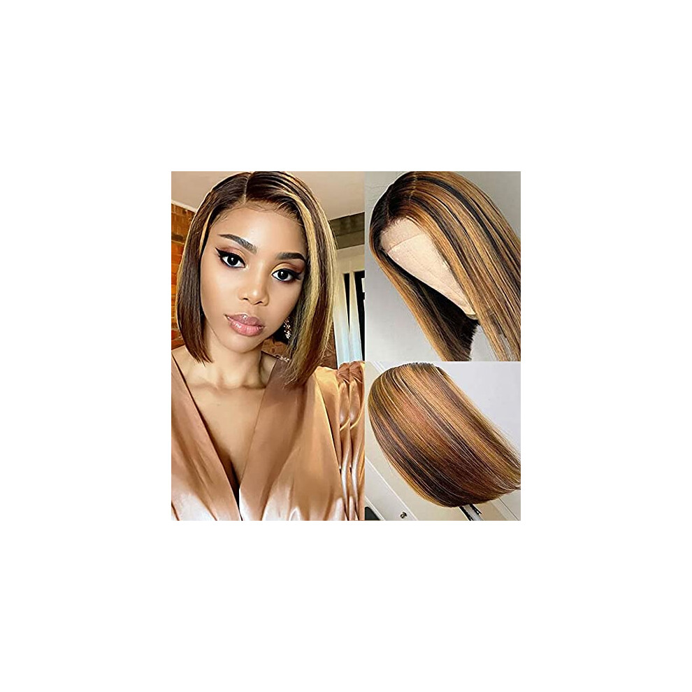 Unisex 10 Inch Brazilian Straight Bob Human Hair Wig, Ombre Highlight, Preplucked 4X4 Lace Front