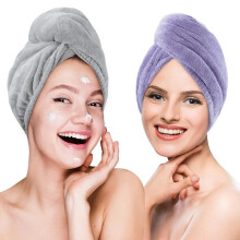 Microfibre Hair Towel Drying Wrap 2Pack, Twist Turban, AntiFrizz, Rapid Absorbent, For Curly Wet Hair, Grey/Purple