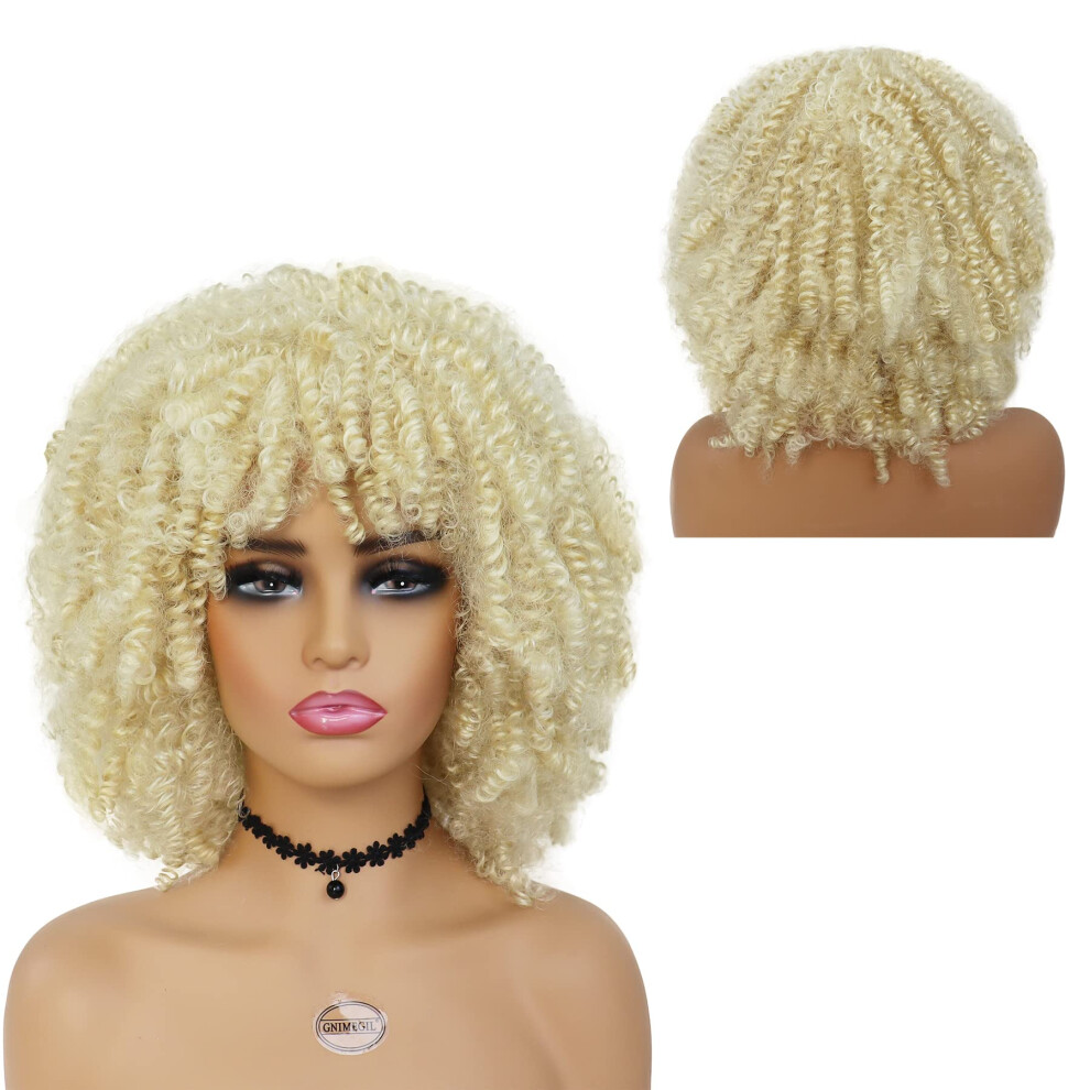 Unisex Blonde Afro Wig For Women Short Curly Synthetic Wig With Bangs Adjustable Fit For Cosplay And Daily Wear