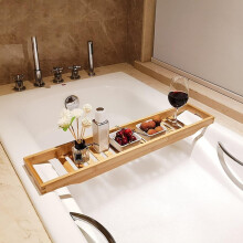Bathtub Caddy Tray with Book Tablet and Wine Glass Holder for Most Bath Sizes Wood Color