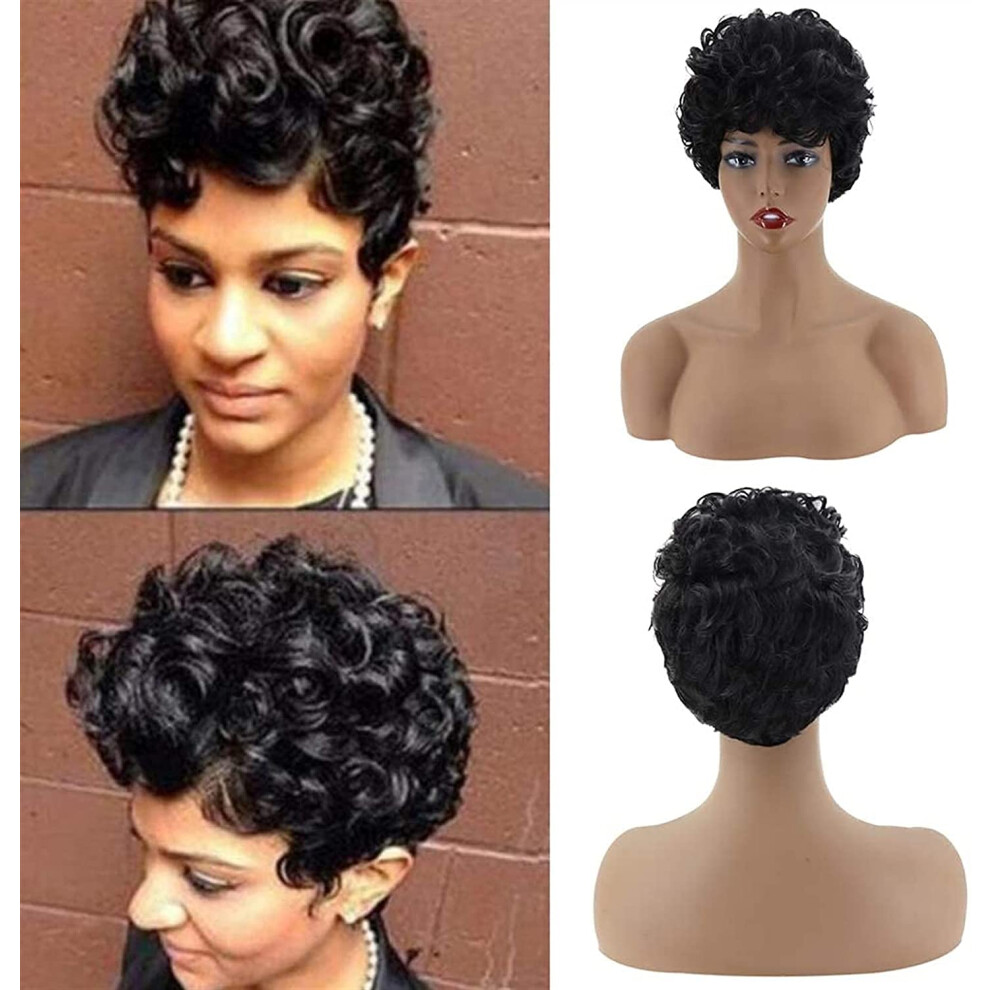 Unisex Black Short Curly Synthetic Wig With Bangs Heat Resistant Natural Scalp Look For Women Cosplay