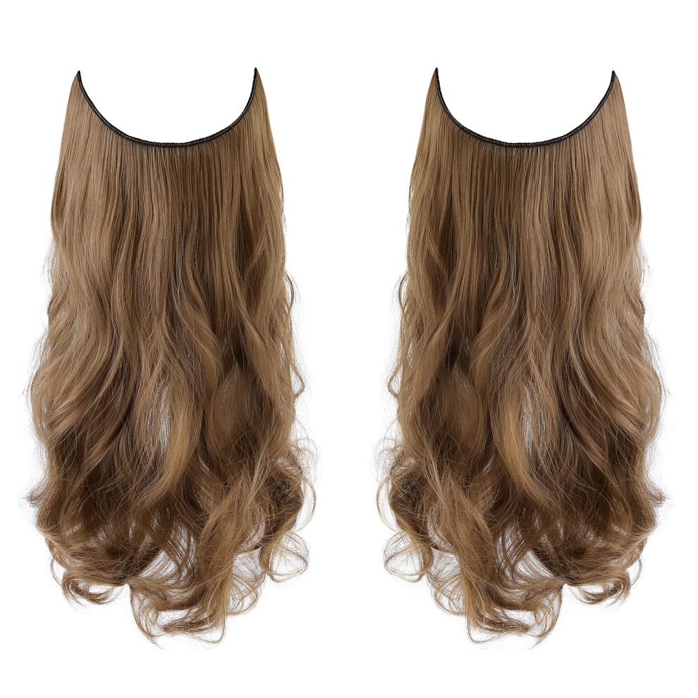 Unisex Brown Blonde Halo Hair Extension 18 Inch Long Curly Wavy Synthetic Wig With Invisible Adjustable Fit