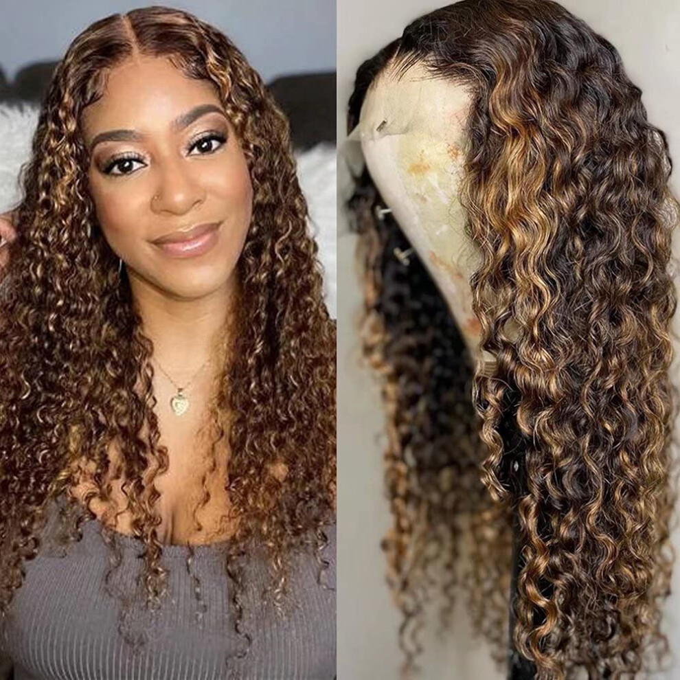 Unisex Brown 20 Inch Highlight Lace Front Wig Brazilian Virgin Human Hair Curly Ombre To Blonde 13X6 Hd
