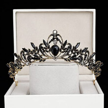 Baroque Black Crystal Bridal Crown for Women, Full Round Rhinestone Wedding Tiara with Pin Loop