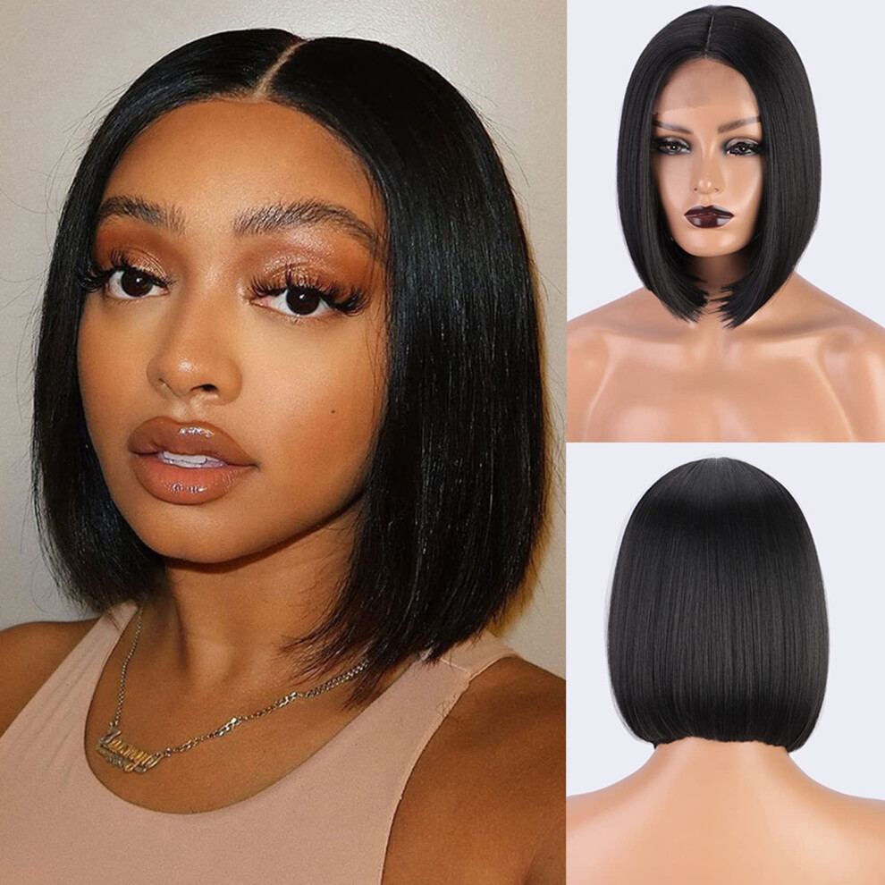 Bob Wigs for Black Women Straight Shoulder Length Synthetic Wig with Natural Side Part