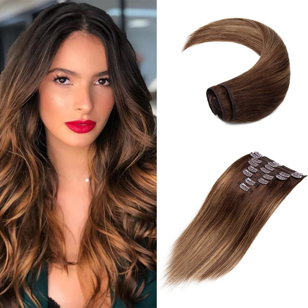 Unisex Brown Clip In Hair Extensions 18 Inch Remy Human Hair Straight Medium Ombre Instant Length And Volume