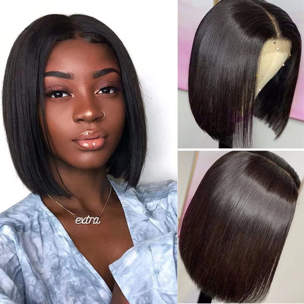 Unisex Black 12 Inch Straight Bob Hd Lace Front Wig Brazilian Virgin Human Hair, 13X6 Transparent Pre Plucked Glueless Design