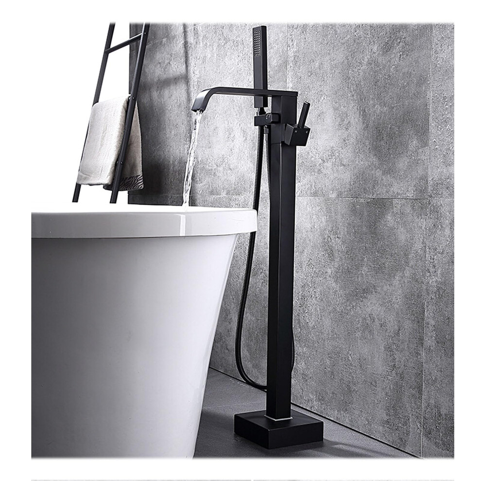 Bathroom Faucet With Hand Shower, Freestanding Waterfall Tub Filler, Single Handle Brass, Gray Black 9044945328844