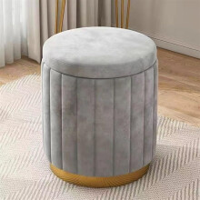 Grey Round Velvet Ottoman with Hidden Storage, Elegant Pleated Upholstery Foot Stool for Living Room and Bedroom