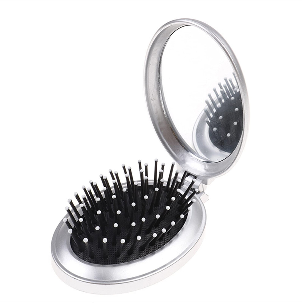Hair Comb with Mirror Foldable Compact Round Pocket Travel Brush for Women Styling Silver