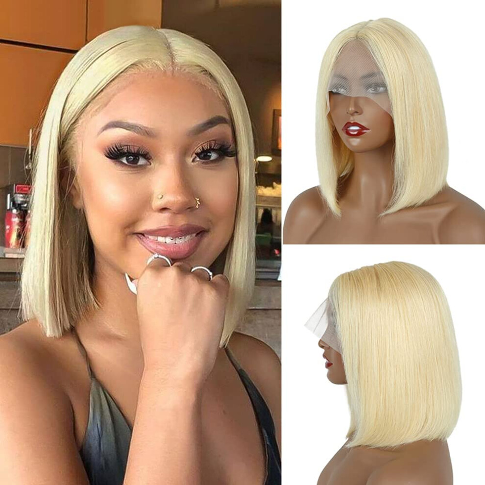 Unisex 613 Blonde Bob Wig Human Hair 13X4 Lace Frontal 12 Inch Brazilian Straight 150% Density