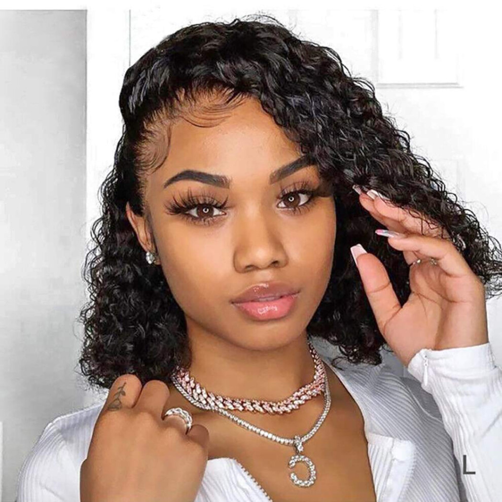 Unisex 360 Lace Frontal Water Wave Wig Brazilian Virgin Human Hair Pre Plucked Natural Hairline 12 Inch