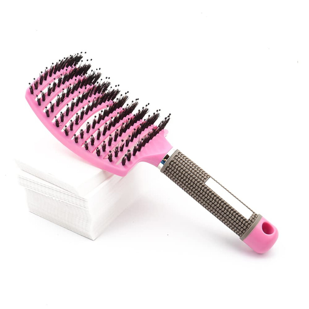 Pink Boar Bristle Vented Paddle Hair Brush For Fast Blow Dry And Shine With Antistatic Bristles,