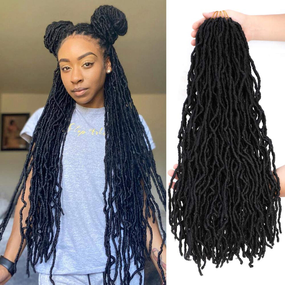 Unisex Black 24 Inch Soft Locs Crochet Hair Prelooped For Women, Synthetic Goddess Faux Locs Braids