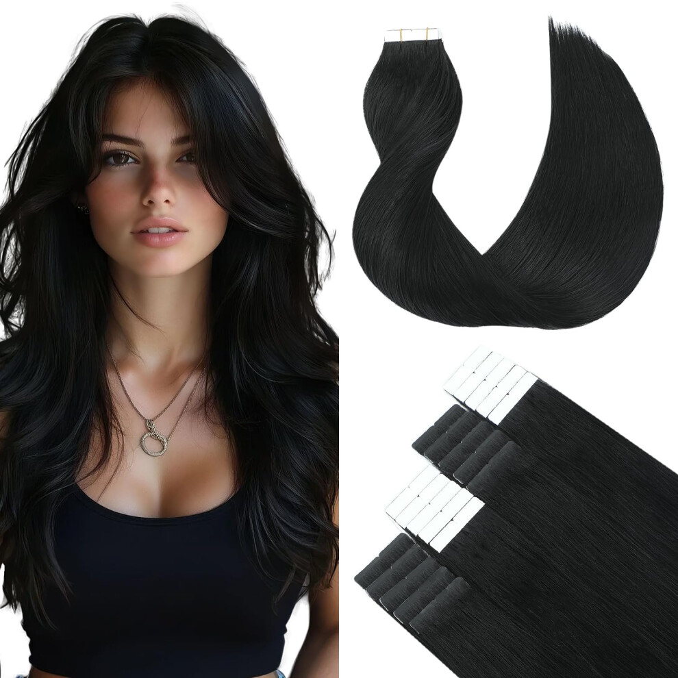 Unisex Black 14 Inch Tape In Human Hair Extensions Jet Color 1 Real Reusable Seamless Tangle 20Pcs