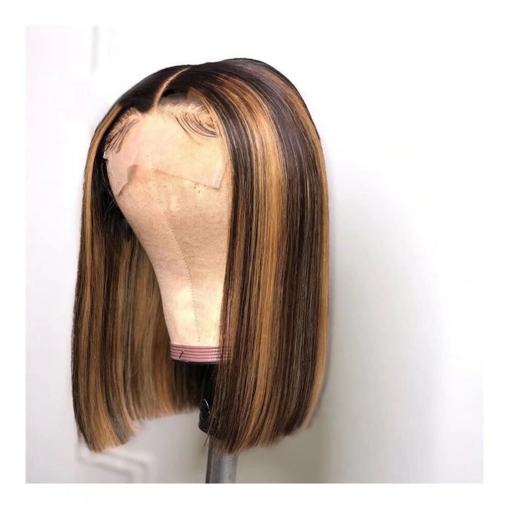 12 Inch Ombre Highlight Bob Wig 13x6 HD Lace Front Human Hair, 150% Density Natural Hairline