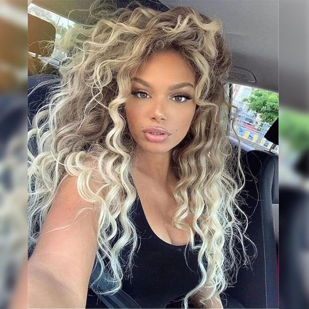 Long Ombre Blonde Curly Wig 26 Inch Synthetic Hair with Natural Volume and Glueless Adjustable Fit
