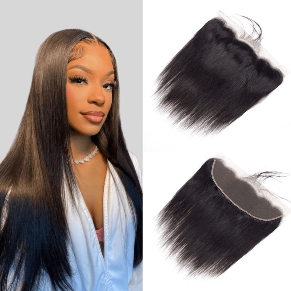 Unisex Black 13X4 Brazilian Lace Frontal With Baby Hair, Pre Plucked Bleachable Human Hair Closure, Natural