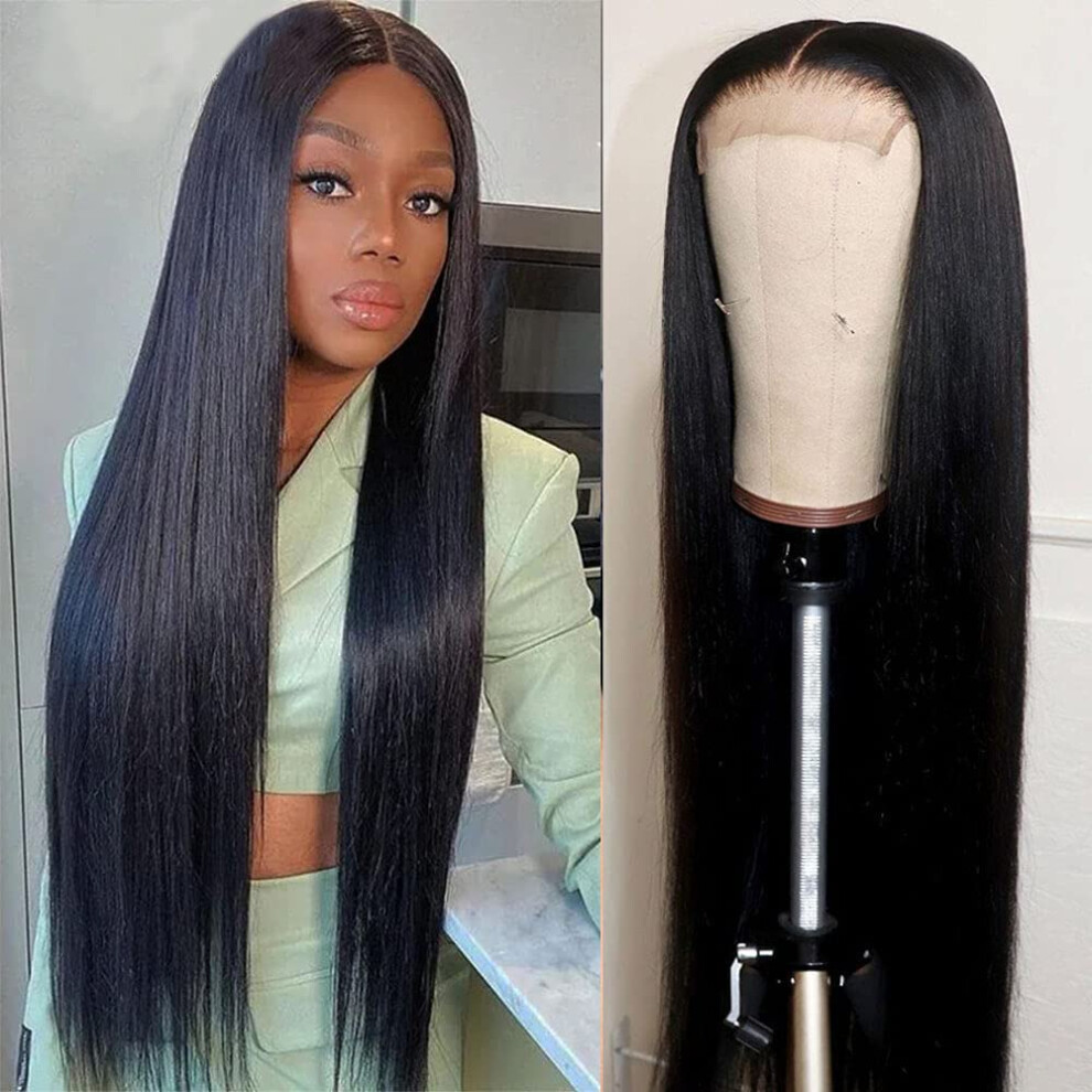 Unisex 28 Inch Transparent Lace Front Human Hair Wig Brazilian Virgin Straight Glueless Pre Plucked