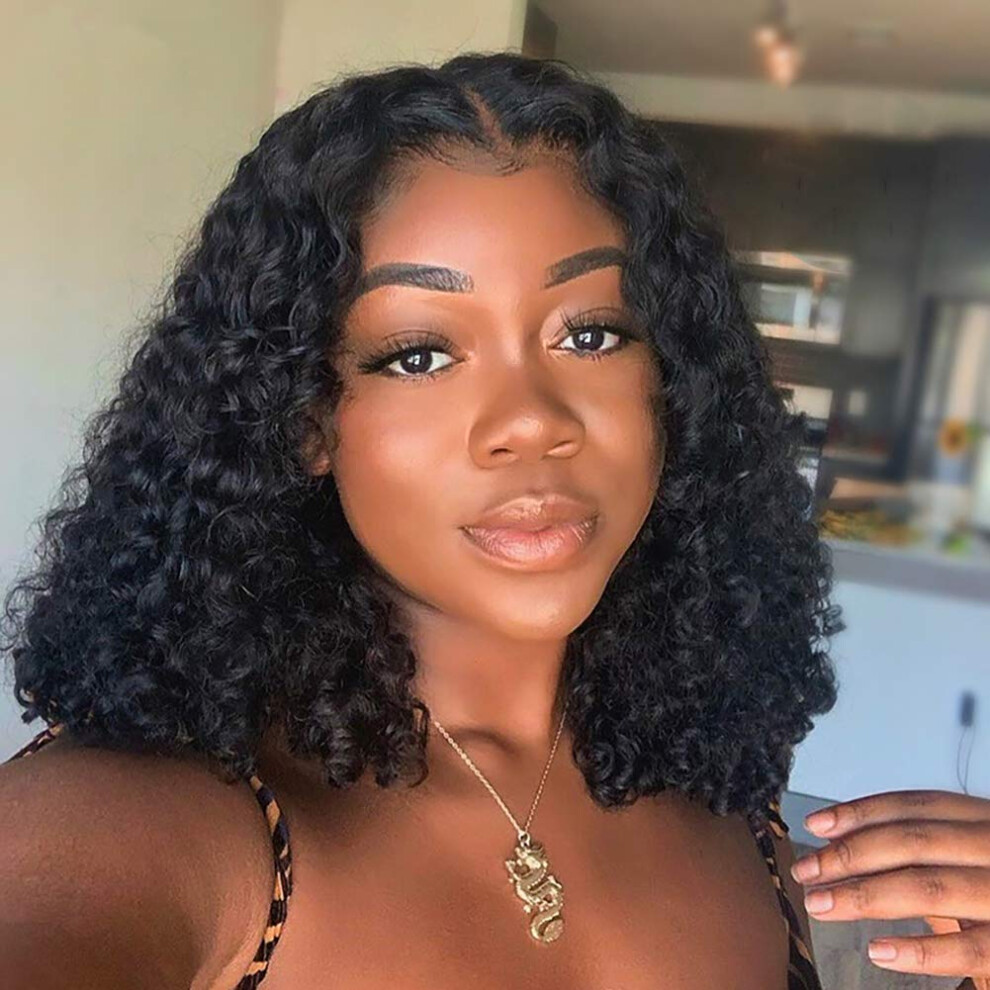 Unisex Black Human Hair Lace Front Wig Curly Short Bob 13X4x1 Pre Plucked Glueless Virgin Brazilian Hair 10 Inch For Women Natural Hairline 150% Density
