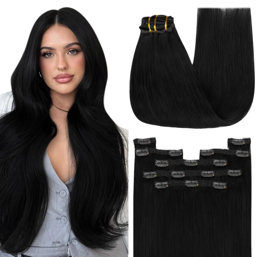 Unisex Black Clip In Hair Extensions Remy Human Hair Jet 14 Inch Straight 7Pcs For Women