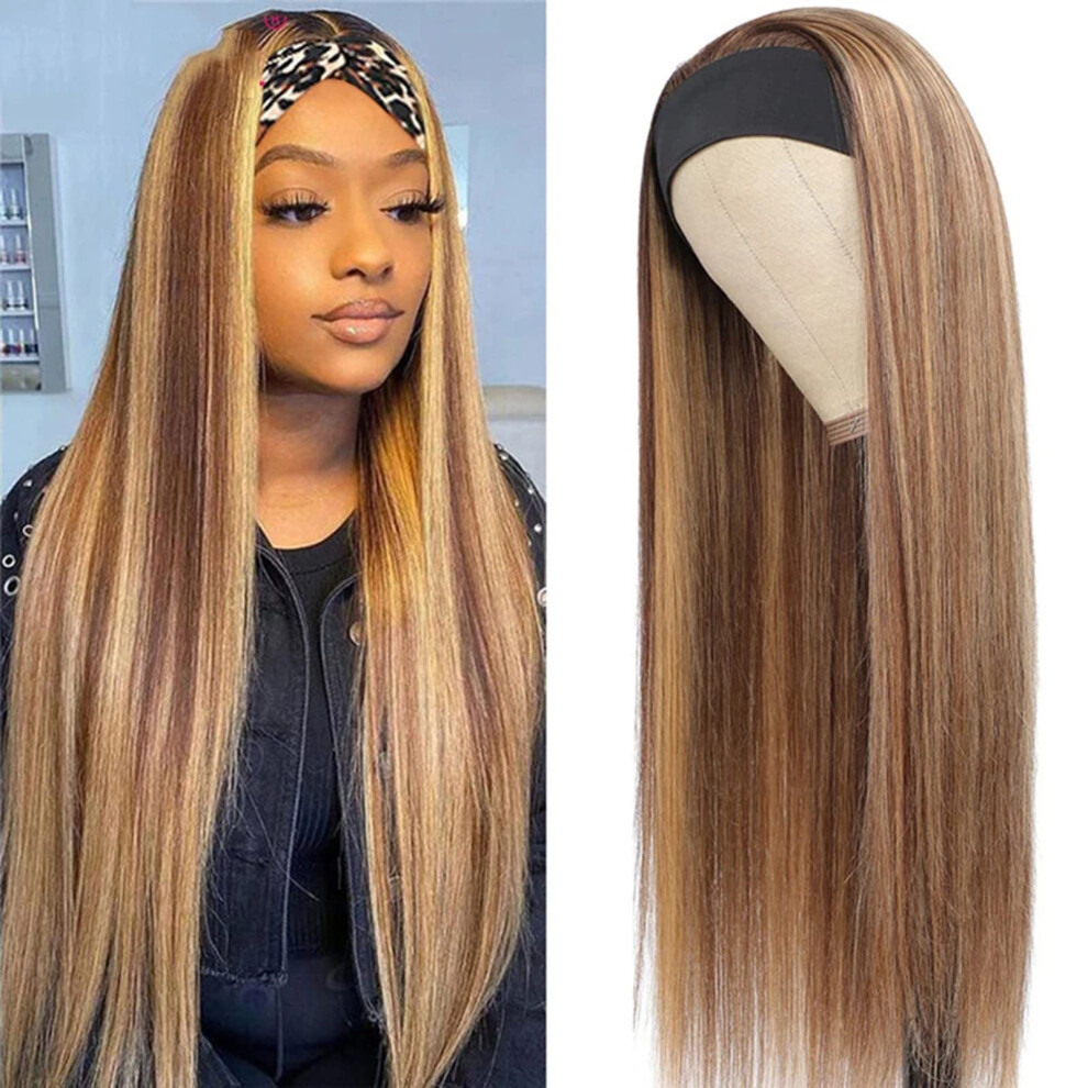Unisex Dark Blonde Straight Headband Wig With Roots, Balayage Ombre Brazilian Virgin Human Hair, Glueless