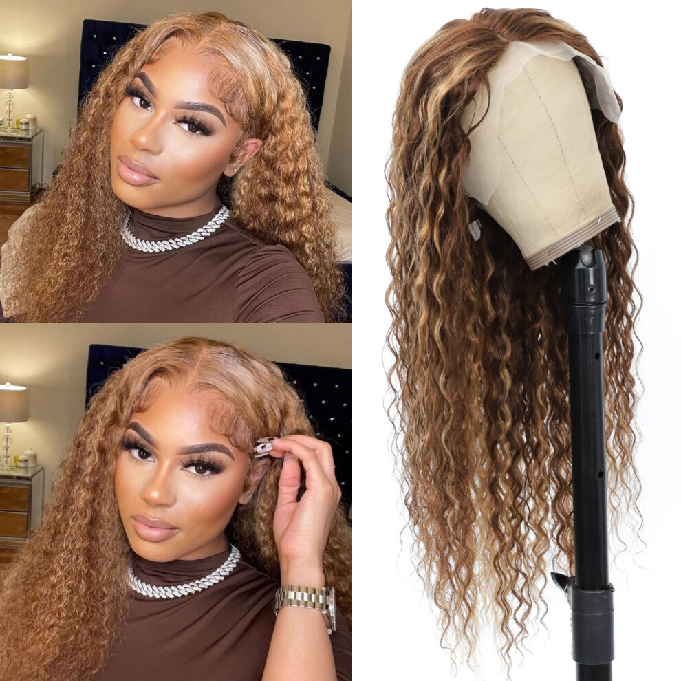 Unisex Human Hair Lace Front Wig 13X6 Water Wave Ombre Honey Blonde 22 Inch Glueless Pre Plucked Hd Transparent Lace
