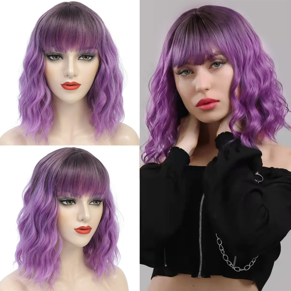 Purple Bob Wig with Bangs, 12 Inch Ombre Purple, Shoulder Length Curly Synthetic Wig for Women