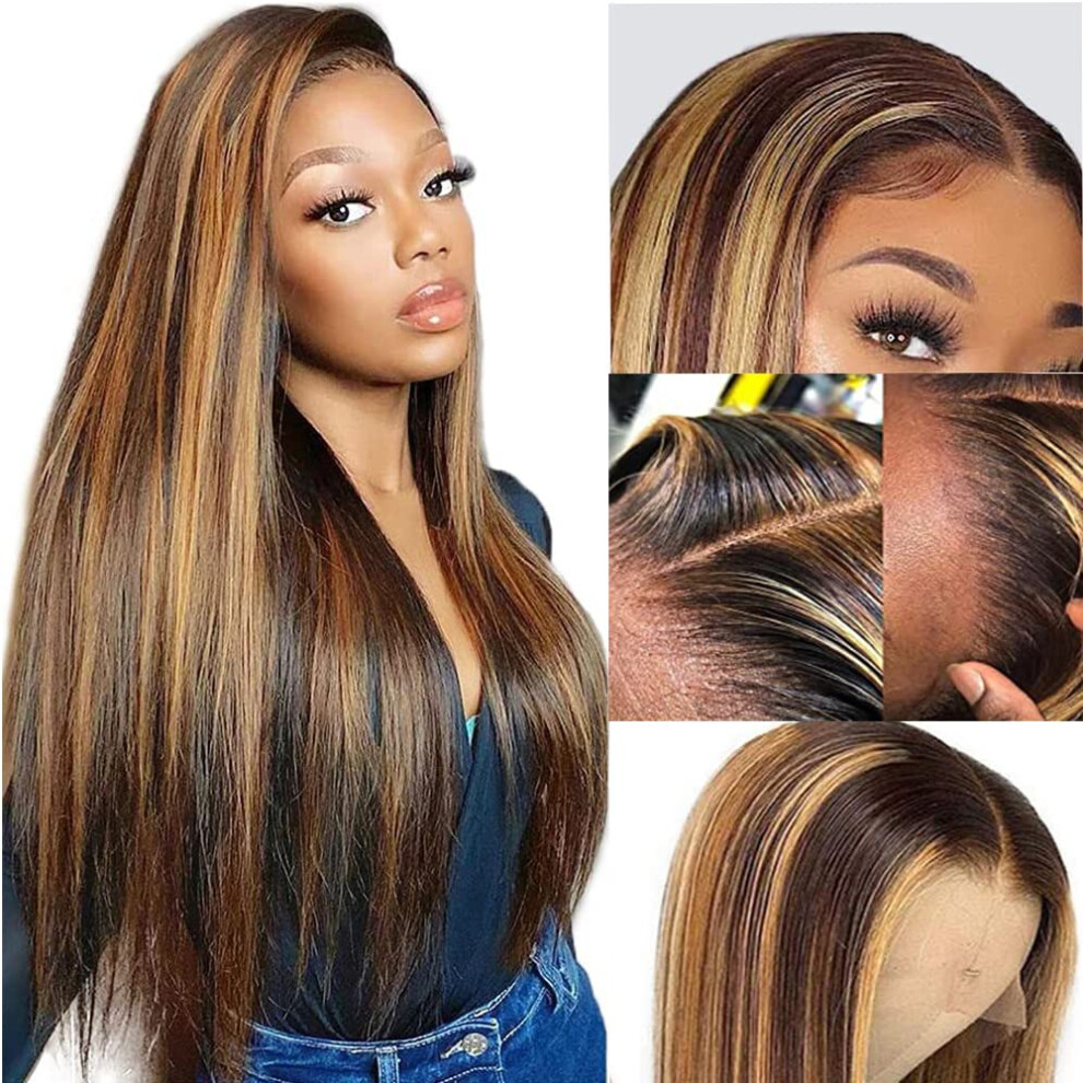 Unisex Black Human Hair Lace Front Wig 13X4 Brazilian Straight Ombre Highlight P4/27 Color 150% Density Pre Plucked With Baby Hair For Women