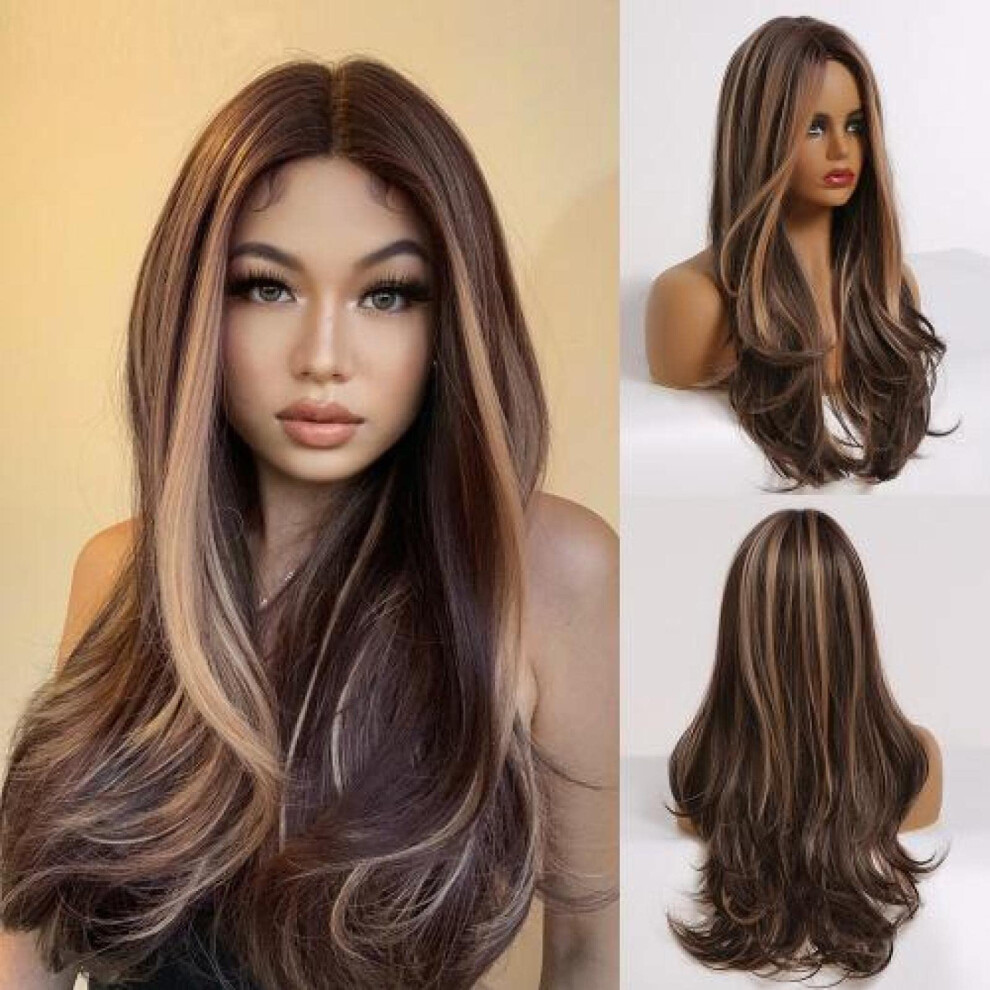 Unisex Black,Brown Long Wavy Synthetic Wig For Women 24 Inch Black Brown Honey Blonde Highlights Heat Resistant Naturallooking Fiber