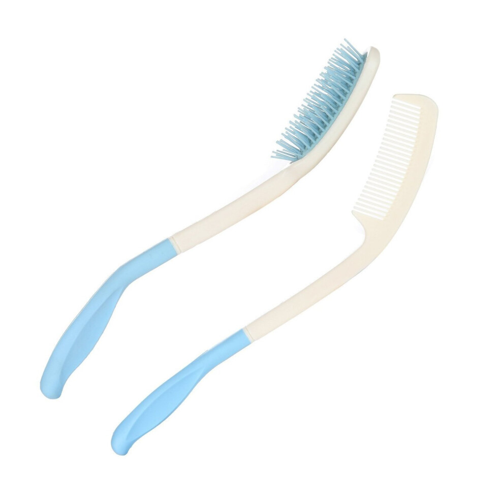 Long Handle Hair Brush and Ergonomic Comb Set with Soft Bristles and Rubber Grip for Elderly