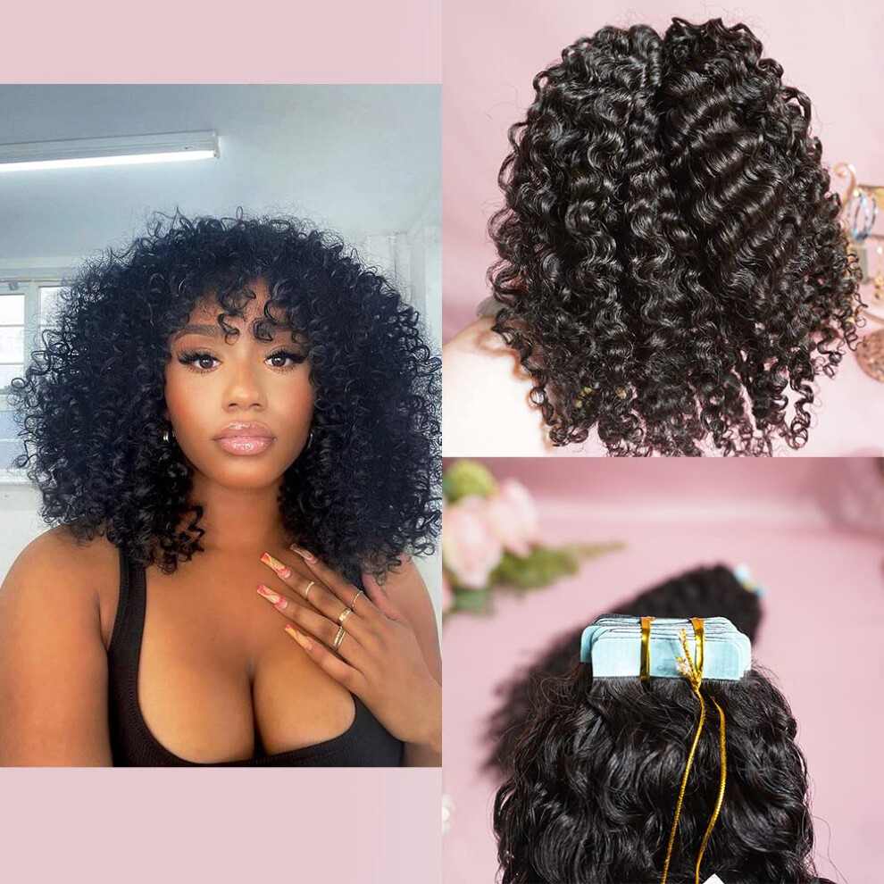 Unisex Black Invisible Curly Natural Tape In Human Hair Extensions 20 Inch Remy 40Pcs Dyeable