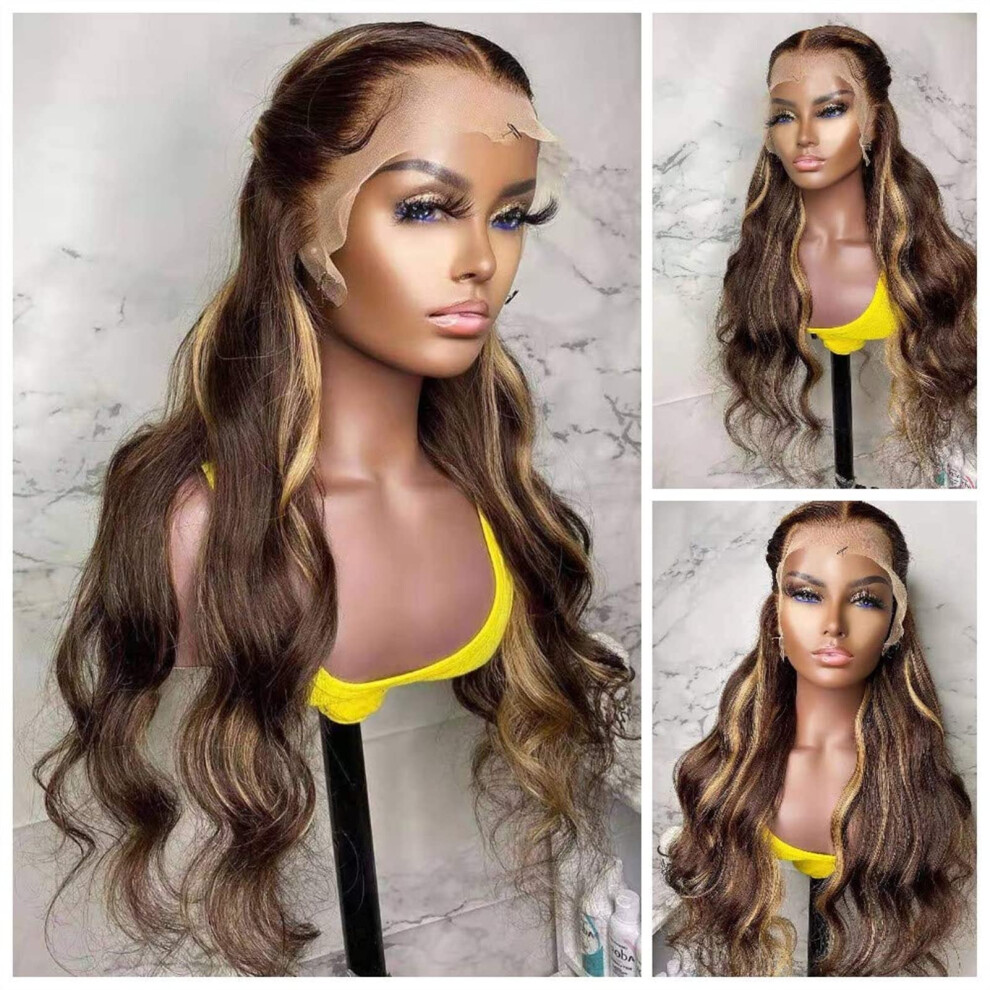 Unisex Brown Human Hair Lace Front Wig Ombre Blonde Highlight 13X6 Transparent Pre Plucked 150% Density