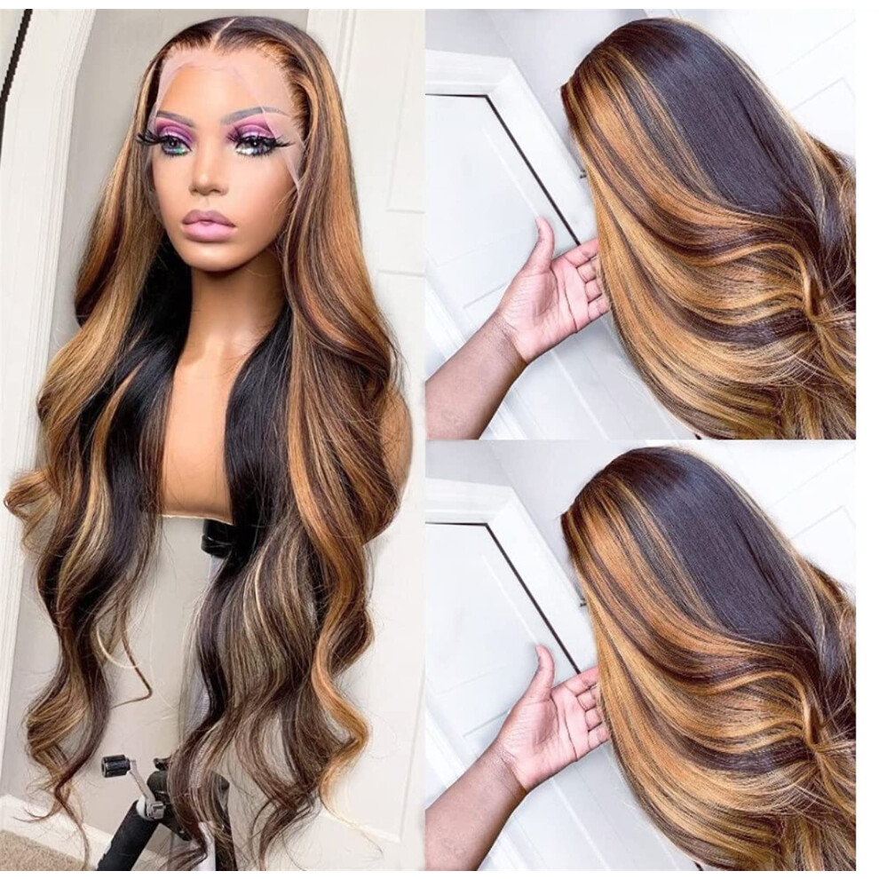 Unisex Brown Highlight Blonde Human Hair Lace Front Wig 13X6 Body Wave Pre Plucked Bleached Knots 180 Density