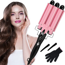 Hair Waver 3 Barrel Curling Iron for Long Hair with Ceramic Barrels Adjustable Temperature Pink