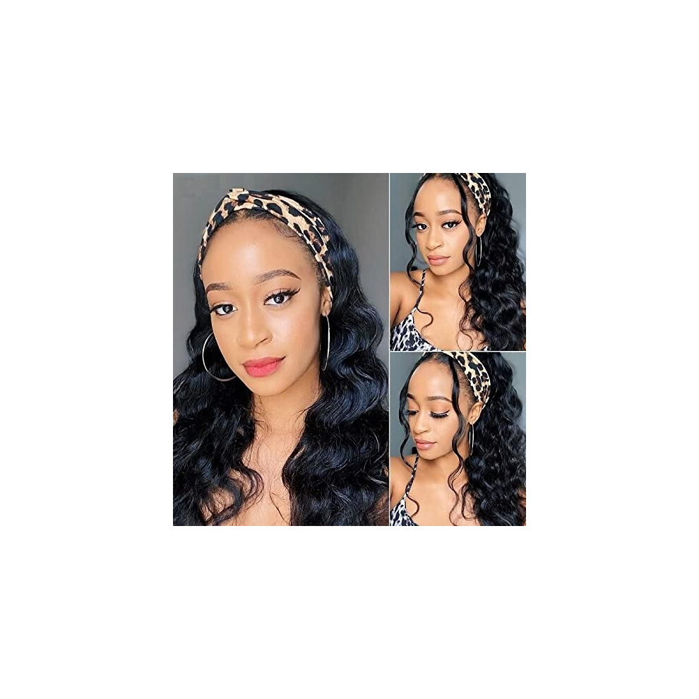 Long Wavy Human Hair Wig with Side Part, Glueless Headband, Natural Black, 150% Density