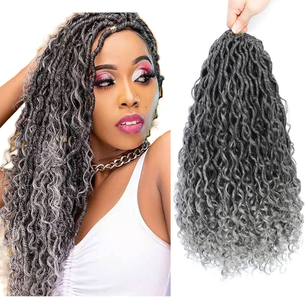 Unisex Gray Faux Locs Crochet Hair 14 Inch Prelooped Goddess Locs Extensions T Wavy Curly Ends 6 Packs