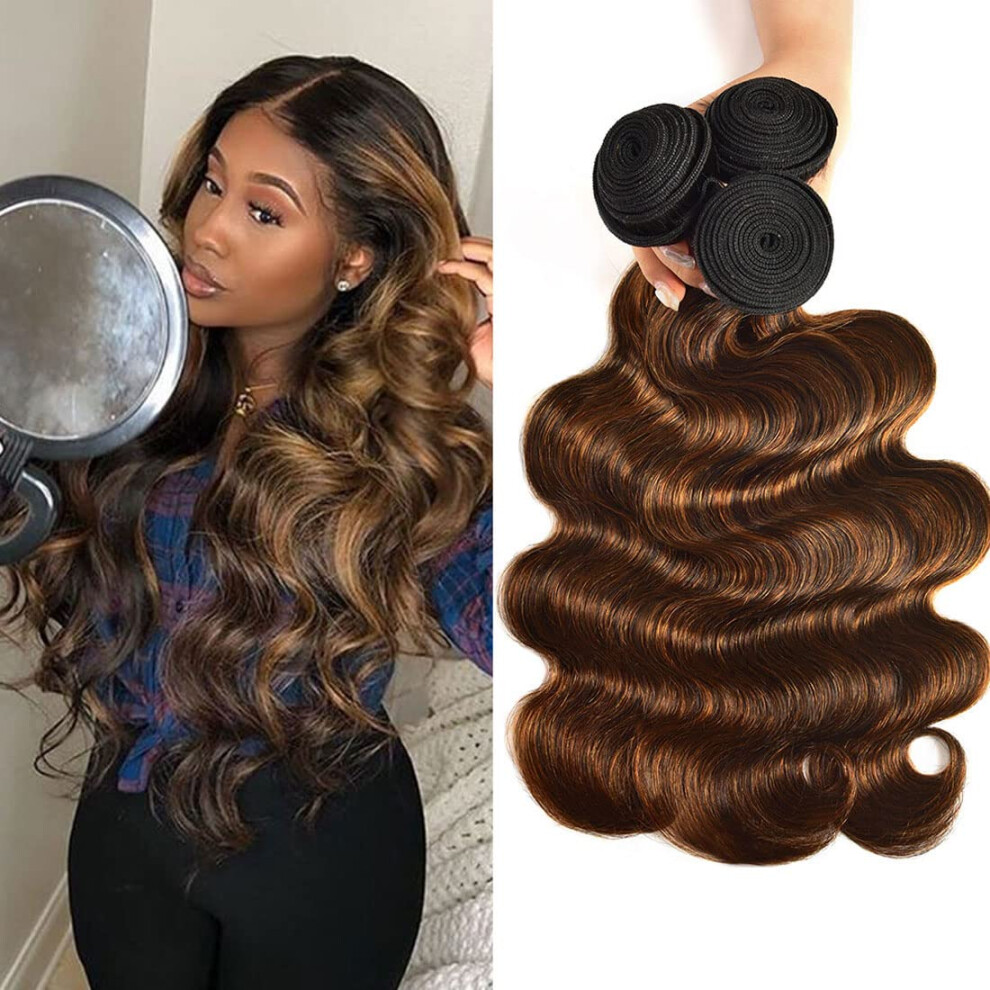 Unisex Brown Brazilian Body Wave Human Hair Bundles Ombre Blonde P4/30 Highlight Sew In Extensions 14Â18 Inch