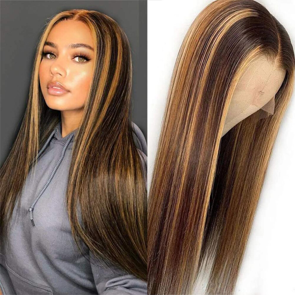 Unisex Black,Brown Brazilian Straight Human Hair Lace Front Wig Ombre Brown Honey Blonde 13X6x1 Highlight Glueless Wig For Black Women 18 Inch