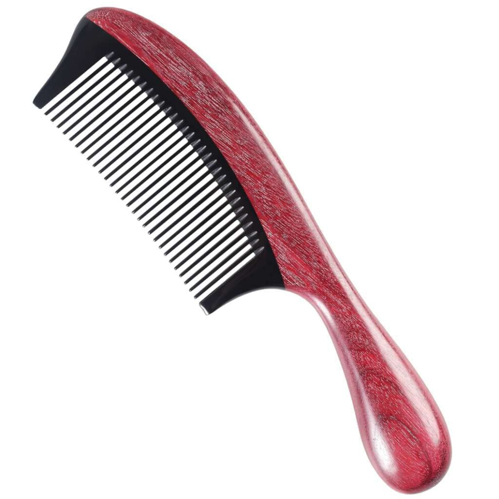 Unisex Wooden Hair Comb Antistatic Sandalwood With Buffalo Horn, Round Handle Fine Tooth Handmade
